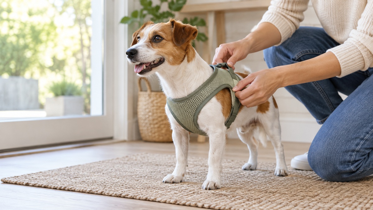 A small dog standing on a mat while an owner fits a mesh step-in vest harness.