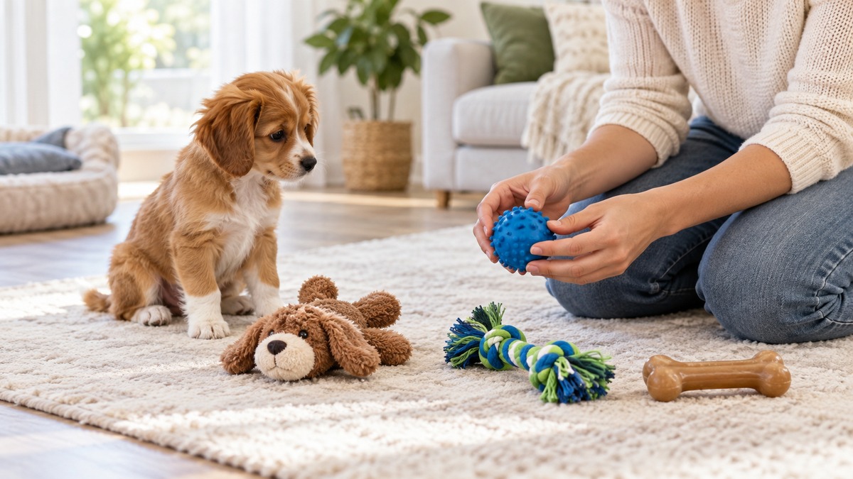 A puppy watches an owner inspect four different chew toys.