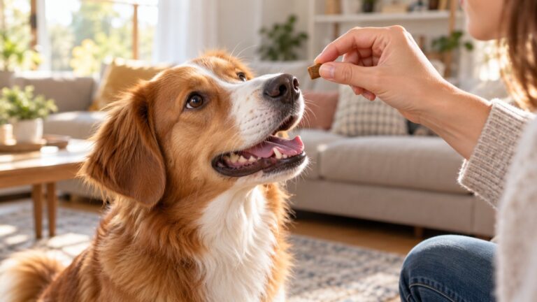 Attentive dog receiving a soft treat during a positive training session