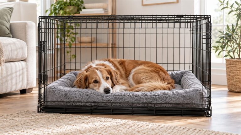 A plush grey dog crate bed laid flat inside a wire crate, with a dog curled up on it.