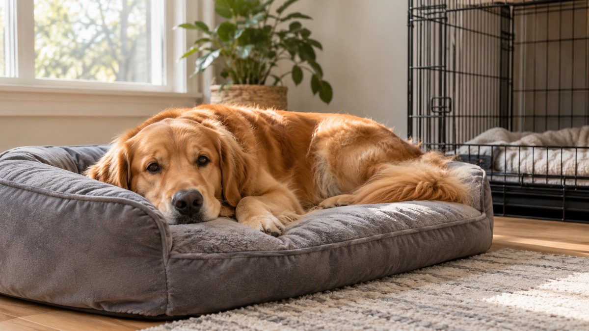 A large dog resting on a grey plush bed next to a wire crate, photographed in soft morning light.