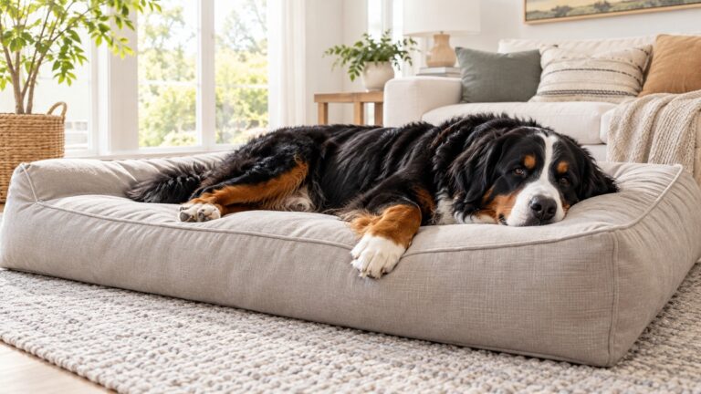 A large orthopedic dog bed with a removable cover in a living room, with a big dog stretched out across it.