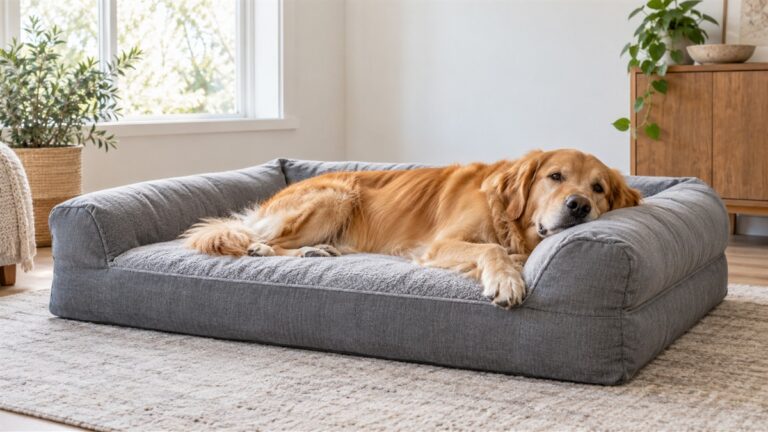 An oversized grey orthopedic dog bed with a removable cover in a bright room, with a large dog lying across it.
