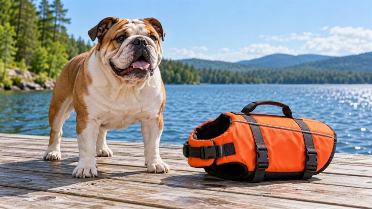 A bulldog standing on a dock beside a bright orange dog life vest with a rescue handle on its back.