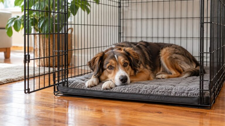 A washable crate mat laid flat inside a dog crate, with a medium dog resting on it beside a wooden floor.