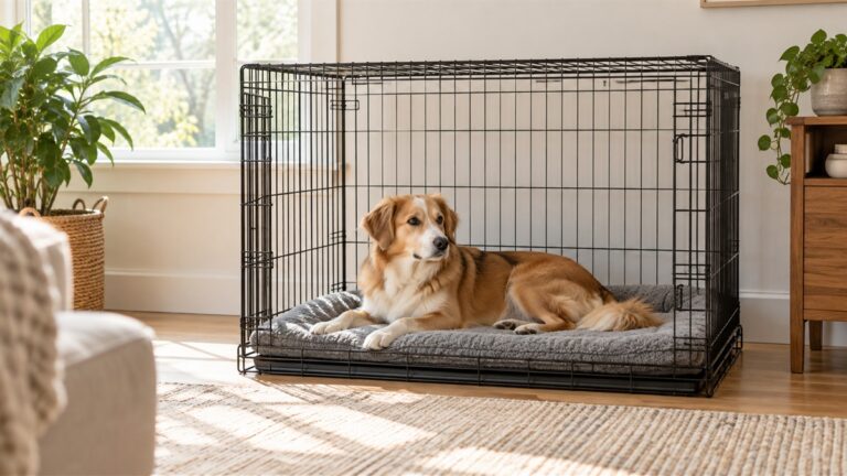 A grey washable crate mat set inside a wire crate, with a medium-sized dog lying on it.