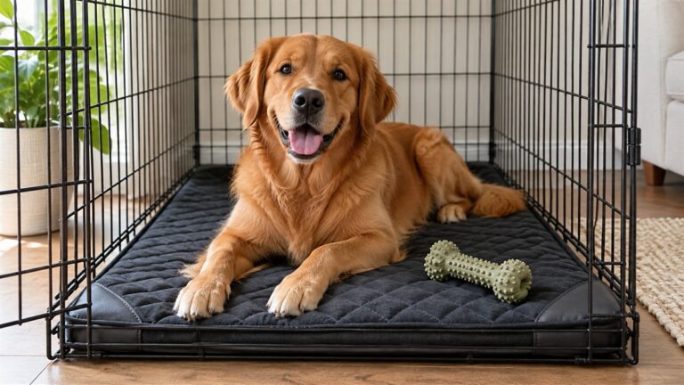 A dark, quilted crate mat with reinforced corners set inside a wire crate, next to a chew toy.