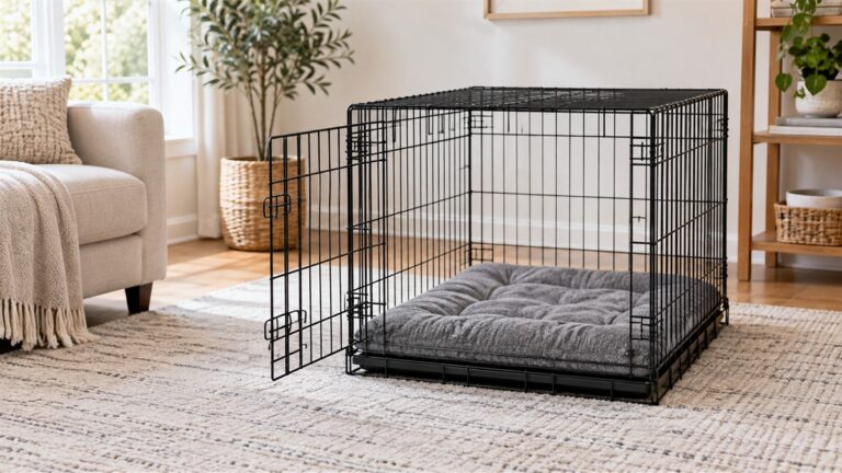 A medium grey crate pad inside an open wire dog crate in a tidy living room.