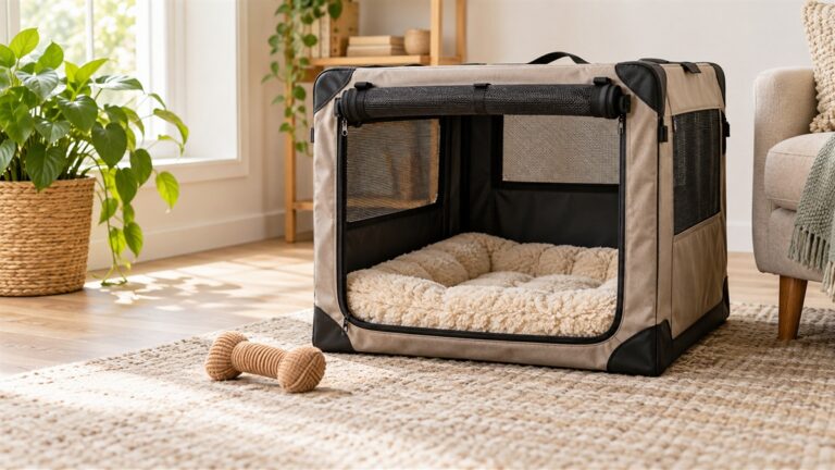 A plush beige cushion sitting inside an open soft-sided dog crate in a bright room, with a dog's toy nearby.