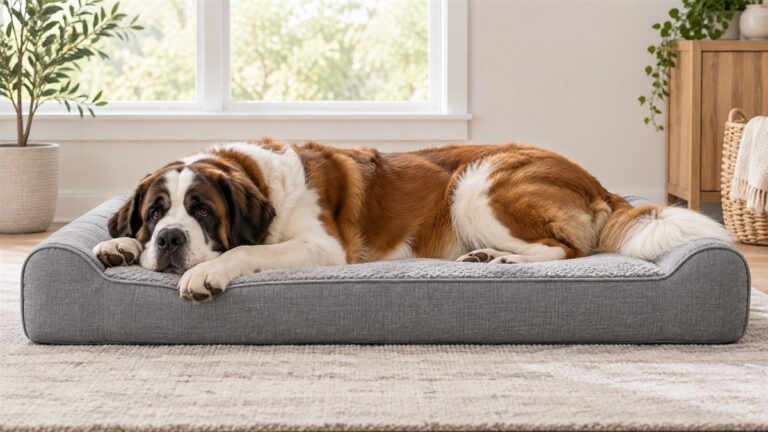 A giant dog lying full length on a grey orthopedic bed with a removable cover, shot from the side in soft daylight.