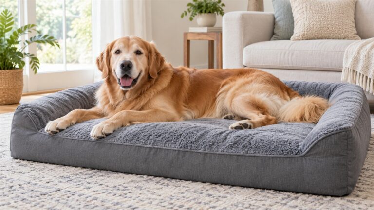 A large, calm dog stretched out on a grey orthopedic bed in a bright living room.