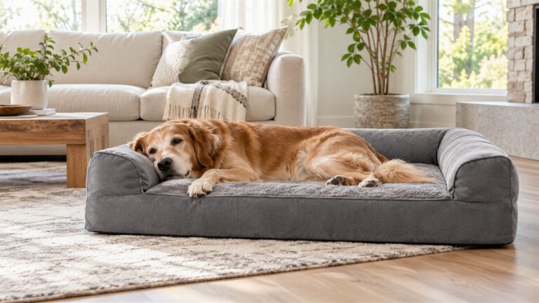 A large grey orthopedic dog bed with bolsters on a living room floor, with a large dog resting on it.