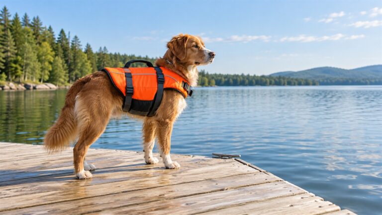 A calm lake dock with a dog wearing a bright orange float jacket that has a top rescue handle.