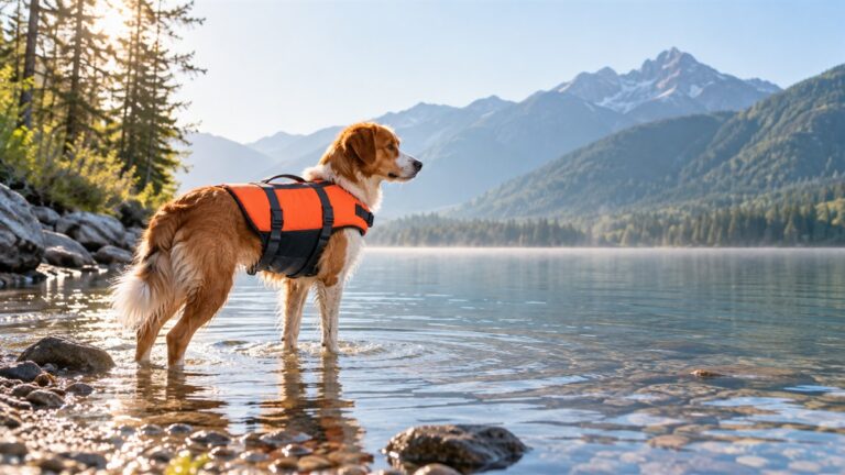 A medium-sized dog wearing an orange flotation vest on a shallow lakeshore in soft morning light.