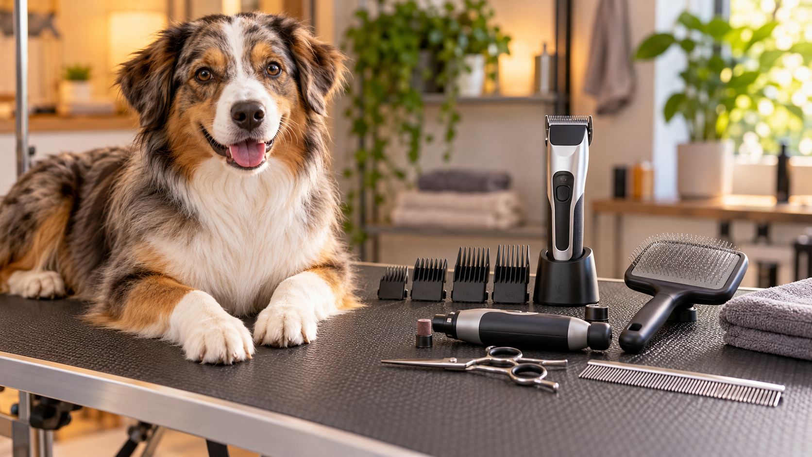 Dog beside a complete generic grooming kit