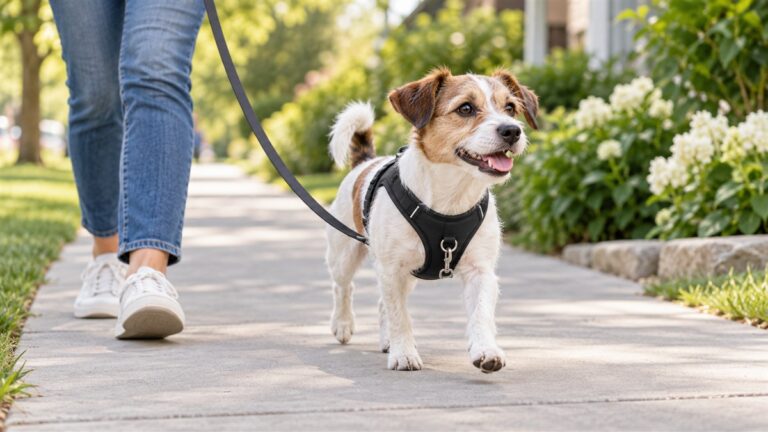 A small dog walking on a sidewalk in a black no-pull harness, leash clipped to the front ring.