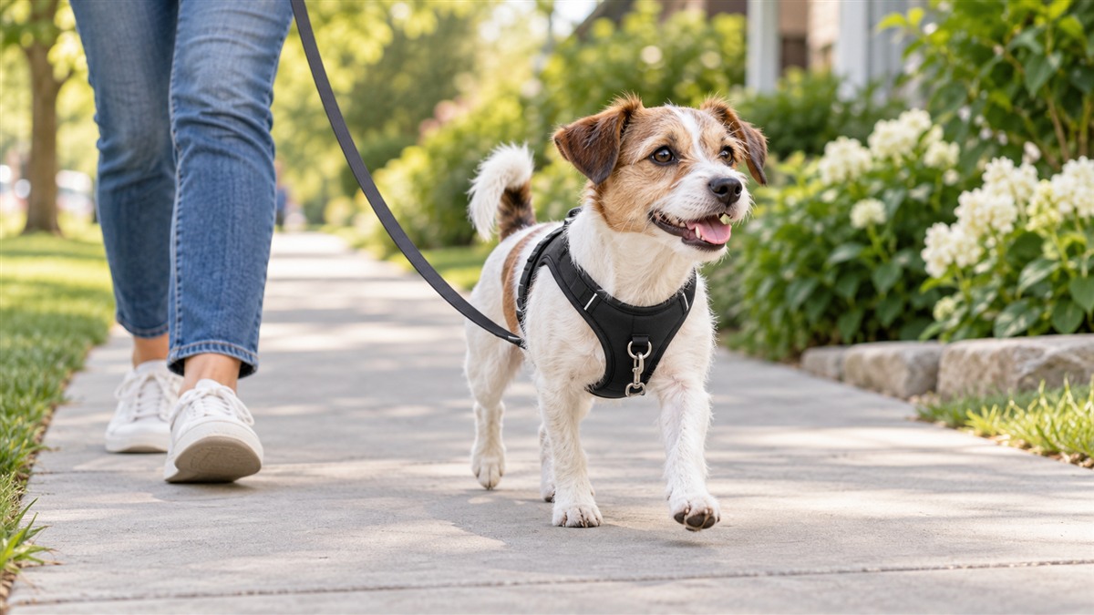 A small dog walking on a sidewalk in a black no-pull harness, leash clipped to the front ring.