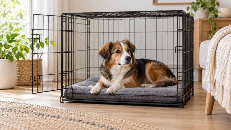 A grey washable crate mat inside a wire dog crate, with a dog resting on it in a bright room.