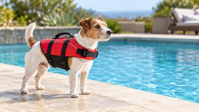 A small dog wearing a red swim vest with a top grab handle, standing on a pool deck beside clear water.