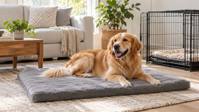 A large dog resting on a flat grey XL pet mat beside an open crate in a bright living room.