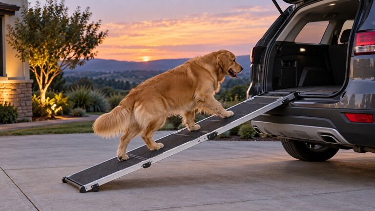 A large dog walking up a folding aluminum ramp to an open SUV cargo area at dusk.