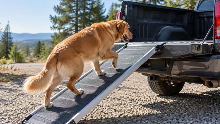 A medium-sized dog walking up a gray non-slip ramp onto a pickup truck tailgate in daylight, outdoors.