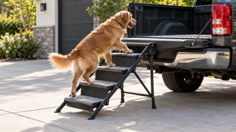 A medium dog climbing a foldable set of dog stairs beside an open pickup truck tailgate in a driveway.