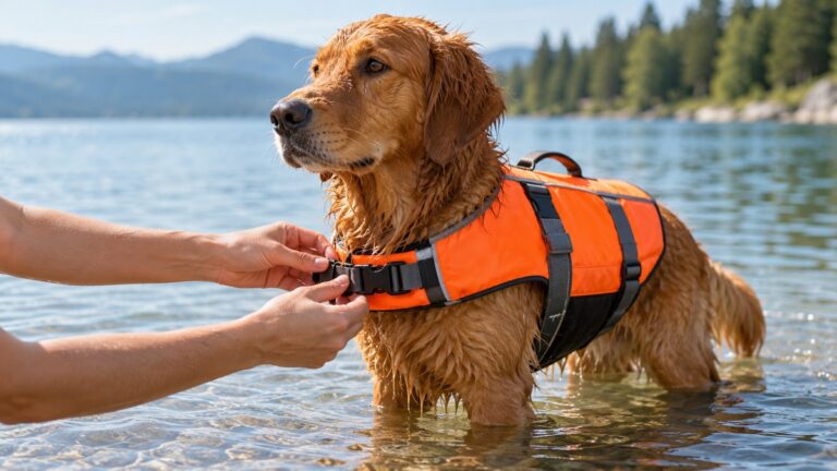 A calm dog standing in shallow water while its owner adjusts a bright orange flotation vest at the chest strap.
