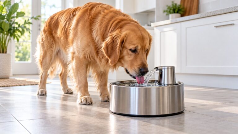 A stainless steel dog water fountain on a kitchen floor beside a large dog drinking from the spout.