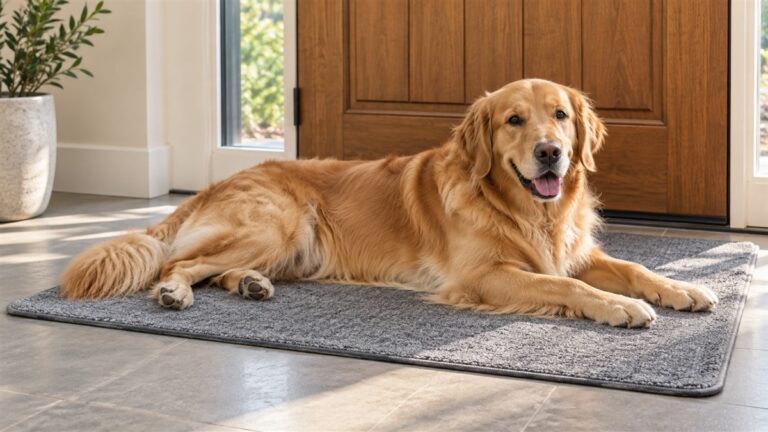 A large dog lying stretched out on a washable grey mat beside a wooden door, in soft afternoon light.