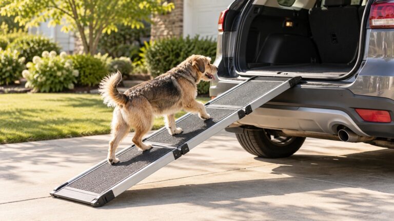 A small dog walking up a gray foldable ramp toward an open SUV tailgate on a sunny driveway.