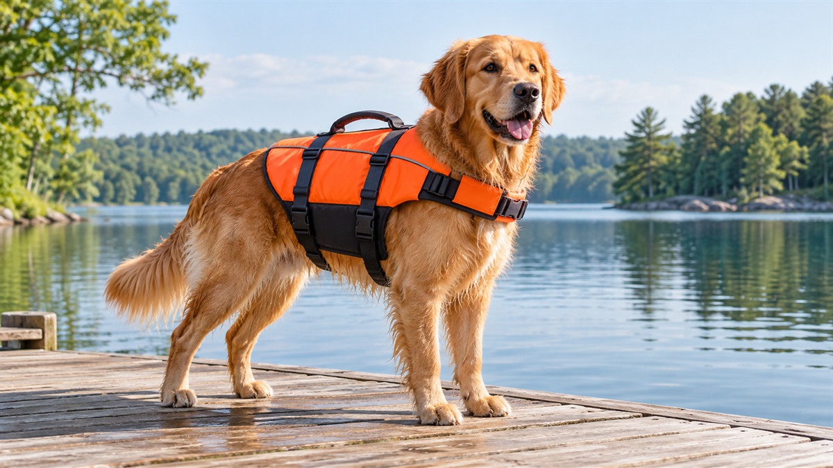 A dog wearing a bright ripstop life vest with a rescue handle on its back, standing on a wooden dock beside a lake.