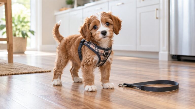 A small puppy in a plaid harness standing on a kitchen floor beside a short leash.