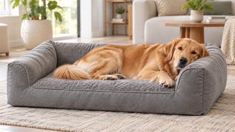 A large grey dog bed with raised bolsters on three sides, a dog resting its head on one raised edge.