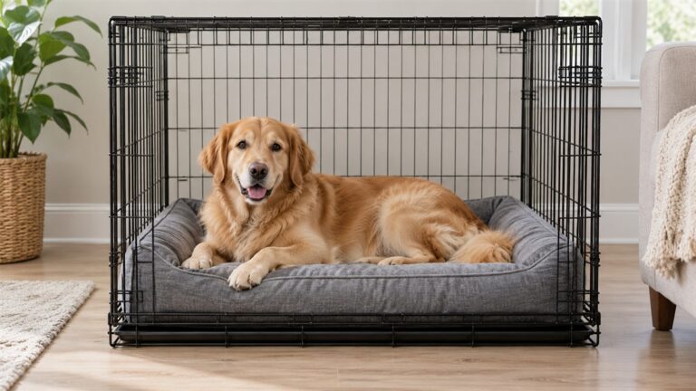 A grey rectangular dog crate bed sitting flat inside a wire crate, with a dog resting on it.