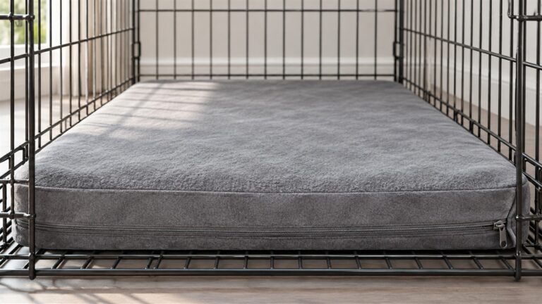 A grey memory-foam crate pad with a zippered outer cover resting on a metal kennel floor, shot from a low angle in soft daylight.