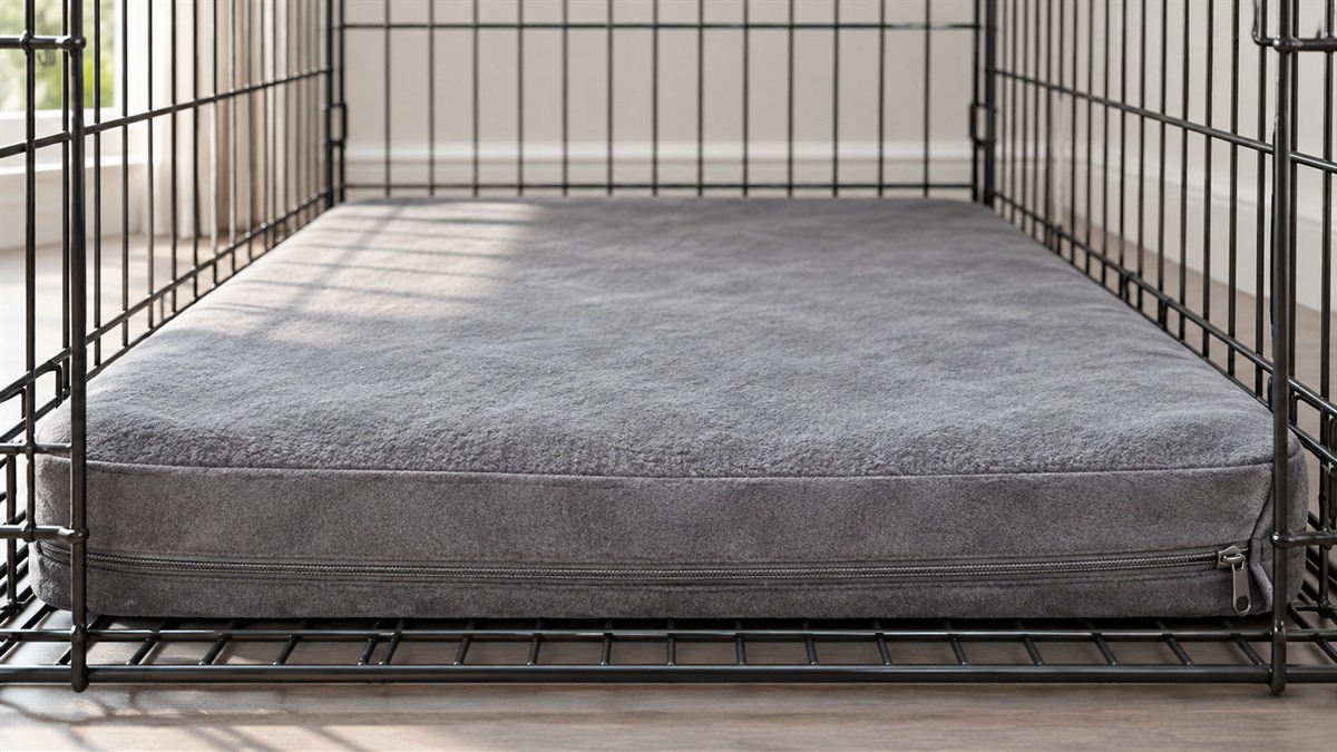 A grey memory-foam crate pad with a zippered outer cover resting on a metal kennel floor, shot from a low angle in soft daylight.