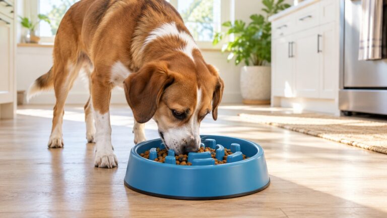 A medium-sized dog eating from a blue slow feeder bowl with raised ridges on a kitchen floor, in morning light.