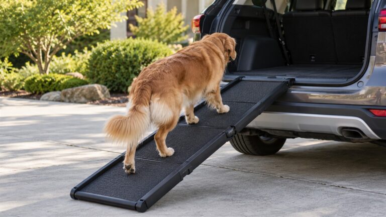A medium-sized dog walking up a black folding ramp into the open rear of an SUV.