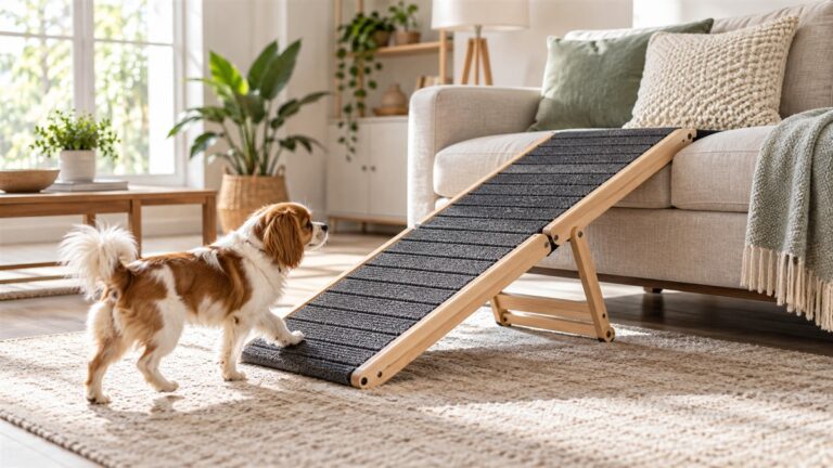A foldable wooden dog ramp leaning against a sofa, with a small dog approaching it on a rug.