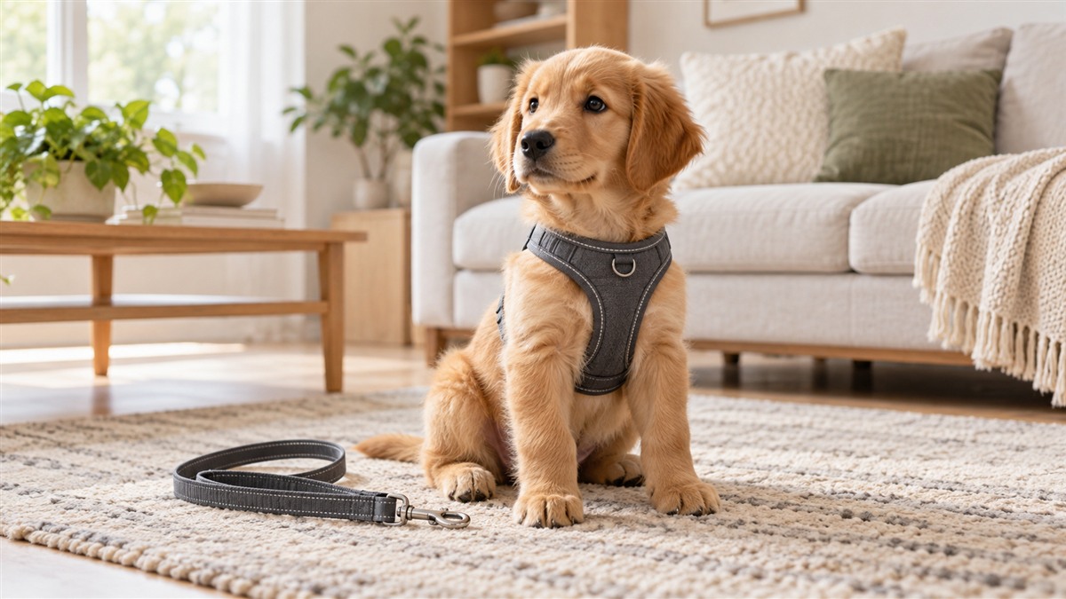 A young puppy sitting on a living room rug wearing a soft collar with a reflective stitch, leash lying beside it.