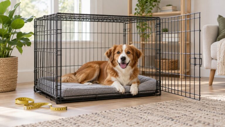 A medium-sized dog lying on a grey crate pad inside an open wire kennel, with a tape measure coiled beside it.