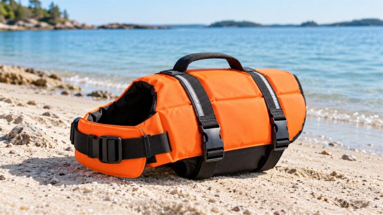 A bright orange dog float coat with a grab handle on a sandy beach beside calm water.