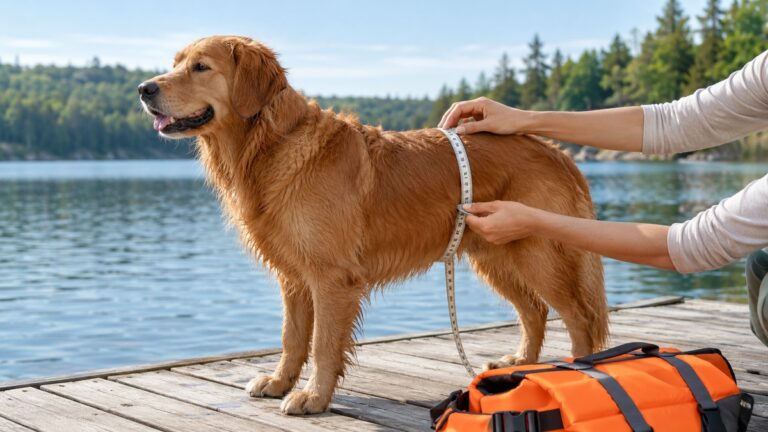 A dog being measured with a soft tape at a lakeside dock before it puts on an orange life jacket.