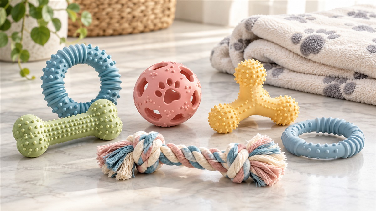 Product-focused comparison scene for nylabone chew toys with the listed options arranged clearly.