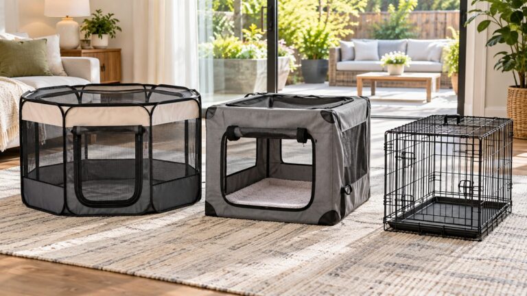 Product-focused comparison scene for paw ballet crates, houses & pens with the listed options arranged clearly.