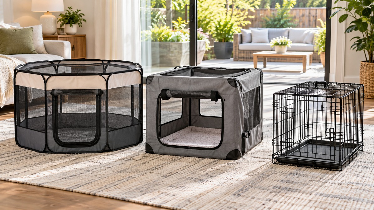 Product-focused comparison scene for paw ballet crates, houses & pens with the listed options arranged clearly.