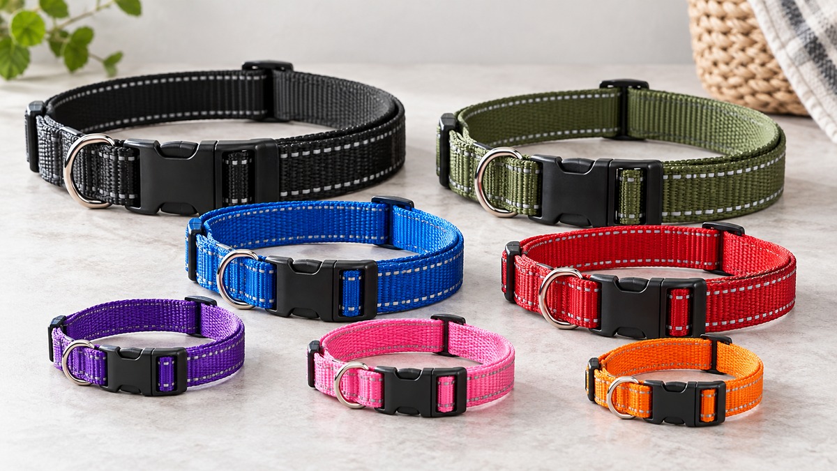Product-focused comparison scene for penseepet collars with the listed options arranged clearly.
