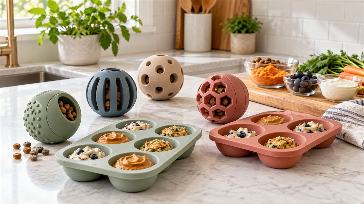 Product-focused comparison scene for woof balls with the listed options arranged clearly.